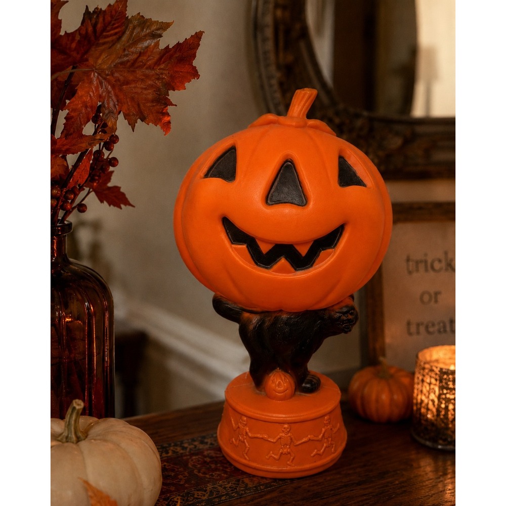 Vintage 1972 Bayshore 14" Cat Pumpkin Lamp Dancing Skeletons Blow Mold Light